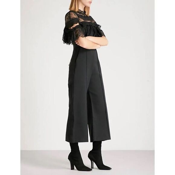 Self Portrait Fine Lace Black Cropped Wide Leg Jumpsuit. Size 2. - Picture 3 of 12